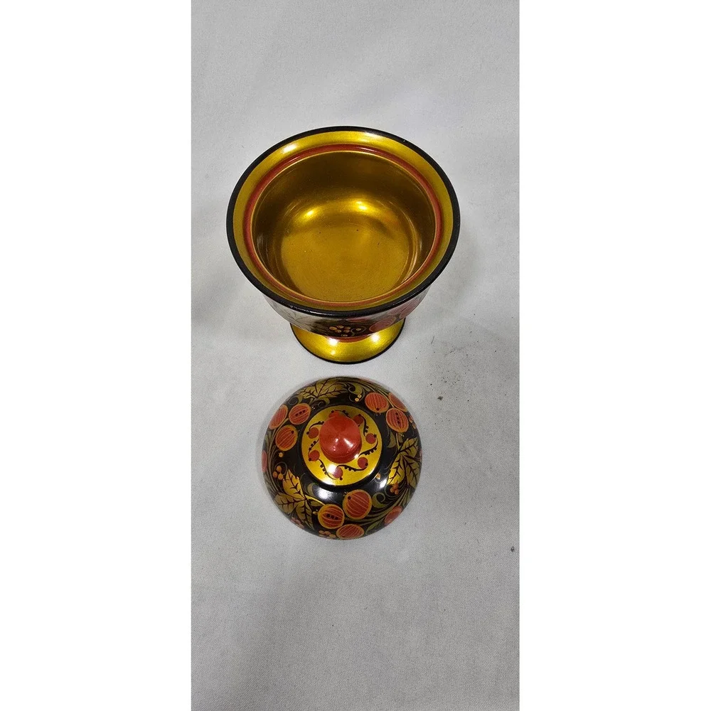Vtg Russian Khokhloma hand-painted lacquer 2 wooden spoons & 2 lidded‎ container